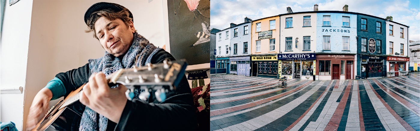 diptych of Annie playing guitar at Caf&eacute; Myo and a Cork City street